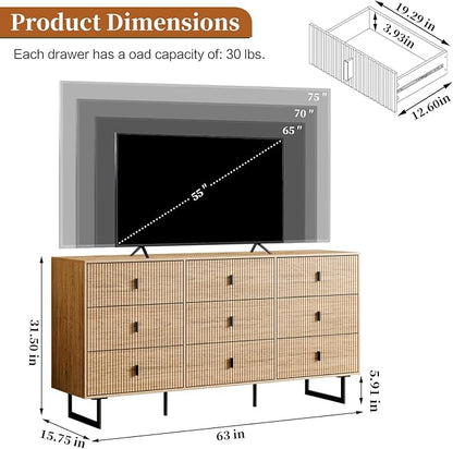 Modern Chest of Drawers with 9 Drawers,Deep Drawers,Clothes Organizer,Large Storage Cabinet for Living Room, Bedroom,Hallway,with Anti-Tipping Device, Oak