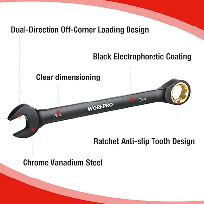 WORKPRO 9-Piece Anti-Slip Ratcheting Combination Wrench Set, SAE 1/4"-3/4", 72-Teeth, Cr-V Constructed, Black Ratchet Wrenches Set with Roll Up Pouch