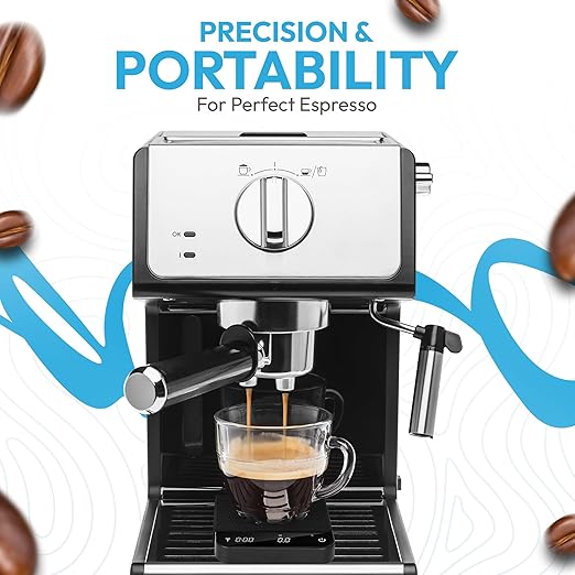 Mini Coffee Scale with Timer – Digital Barista Weight Scale with Designer-Patterned Tamper Mat, 0.1g High Precision, Portable & Rechargeable for Espresso, Pour Over, Drip, and Kitchen Brewing Use