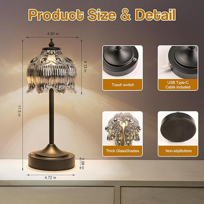 Cordless Lotus Flower Table Lamp, 5200mAh Rechargeable Battery Operated Portable Lamp, 3-Color Dimmable Touch Control Small Desk Lamp for Bedroom, Office, Kitchen, Nightstand,Room Decor(Black)