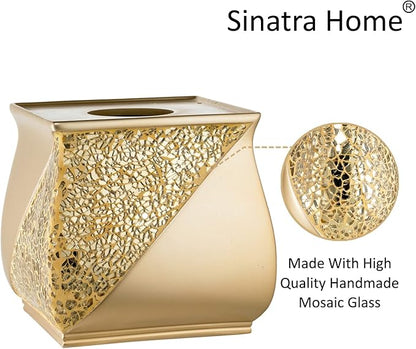 Zahari Home 2pc Sinatra Modern Bath Accessories Set Waste Basket & Tissue Box Champagne Gold Modern Decorative Beautiful Designs Bathroom Decor Set for Home Luxury Bath Set Mosaic Glass