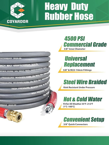 3/8″ Pressure Washer Hose 50 FT — 4500 PSI Steel-Braided Non-Marking Rubber | For Hot & Cold Water, Quick-Connect With M22 Fittings, Industrial-Grade Replacement for Gas Pressure Washers