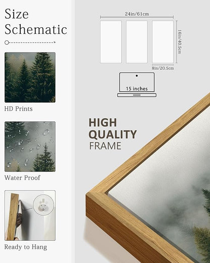 KUVIOKE Nordic Forest Wall Art Framed Misty Pine Tree Modern Prints Ready To Hang for Bedroom 8x16in3pcs Natural Framed