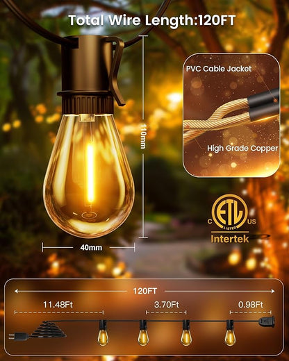 Torkase Outdoor String Lights 120FT S14 Patio Light 30+2 S14 Edison Bulbs 2200K Waterproof Connectable Dimmable Hanging Lights for Cafe Deck Party