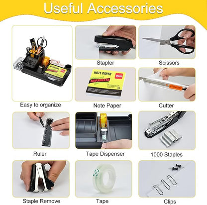 deli Black Office Supplies for Desk, 17Pcs Desk Organizers and Accessories with 4 Pens,Tape Dispenser,Stapler,Staples,Staple Remover,Pen Holder,Scissor,Ruler,Eraser,Note Pad,Cutter,Clips Set