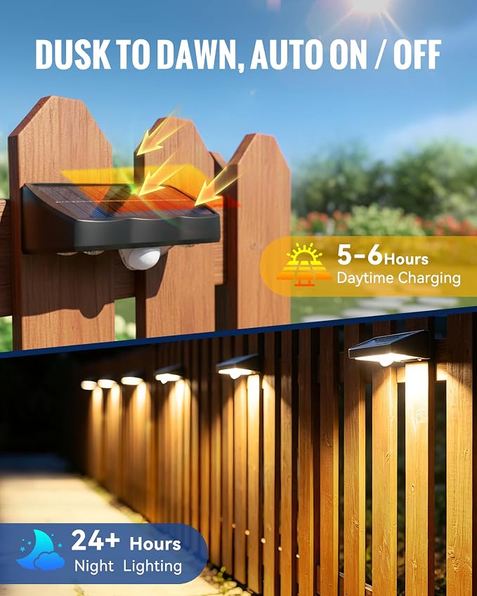 Solar Fence Lights Outdoor, Fence Light Solar Powered 4 Pack, 3 Modes Motion Sensor Outdoor Waterproof, 4 LEDs Warm White Outdoor Security Light for Fence Patio Yard Gate Garage Pool Wall