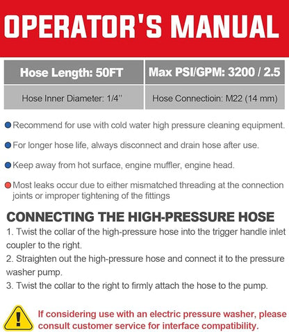 YAMATIC Pressure Washer Hose 50FT 1/4" ID, Standard (2) M22 Brass Fittings, 3200 PSI Kink-Resistant Replacement for Ryobi, Troy Bilt, Greenworks, CRAFTSMAN M22 Threads Power Washers