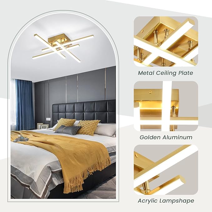 CANEOE Modern Ceiling Light Fixture, Gold Dimmable Close to Ceiling Light with Remote Control,Sputnik Flush Mount Ceiling Lamp for Bedroom Living Room Kitchen Modern Chandelier Light Fixture Ceiling