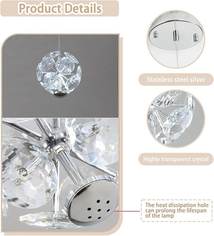 ykolupty Pendant Lights Kitchen Island Crystal Globe Chandelier LED Silver Island Light Crystal Pendant Light for Dining Foyer Entrance