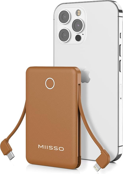 miisso 6000mah Ultra Slim Built in Cables Power Bank, Card Size Built in USB C Cords Battery Pack Portable Charger for Phones, 3 Output External Battery Pack Compatible with iPhone, Brown