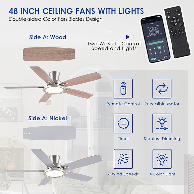52" RGB Ceiling Fan with Light and Remote/App - Flush Mount Ceiling Fan Light with Reversible Mute Motor, RGB Ring, 5 Dual-Sided Blades, Low Profile Ceiling Fans for Indoor, Party