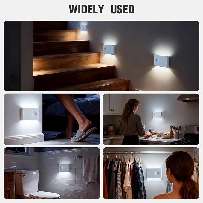 3 Pack Wireless Rechargeable Motion Sensor Stair Light, Smart Led Motion Activated Battery Operated Night Lights, RGBW Stick On Closet Lamp Indoor for Step Cabinet Hallway Bathroom Stairway
