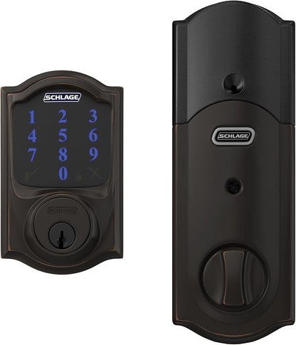 SCHLAGE BE469ZP CAM 716 SCHLAGE Connect Smart Deadbolt With Alarm Inbuilt Camelot Trim In Aged Bronze.