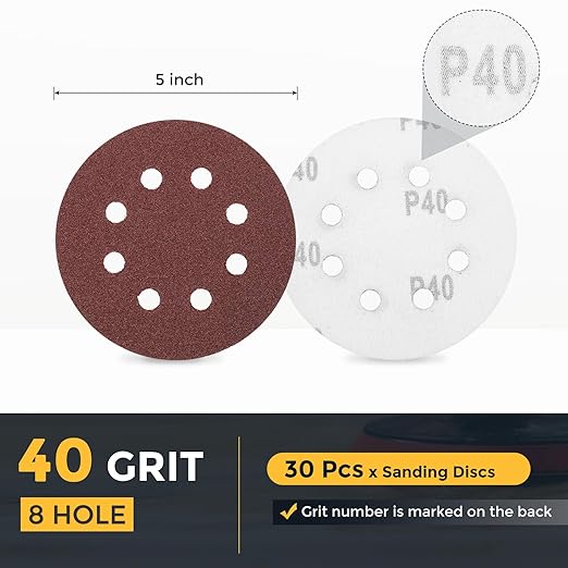 HARFINGTON 30 Pcs 5 Inch Sanding Discs, 40 Grit Hook and Loop Sandpaper, 8-Hole Aluminum Oxide Orbital Sander Sandpaper for Woodworking Automotive Metal Polishing, Red