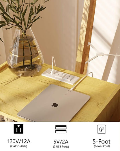Nightstand with Outlet,Modern Bedside Table with Storage Drawer and Open Wood Shelf, for Living Room, Bedroom and Small Spaces, Accent Night Stand with Solid Wood Legs, Easy Assembly,Yellow Oak