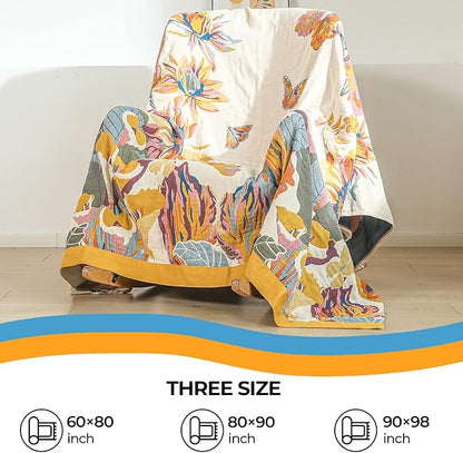 Boho Throw Blanket for Bed,100% Cotton Breathable Muslin Soft Throw, Fall Bed Throw Blanket Floral Bird Butterfly Printed Decor Large Blankets,80"×90" Rustic Farmhouse Throw for Sofa Couch Chair