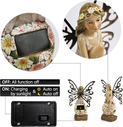 Flower Fairy Garden Decor,Garden Fairy Statues Outdoor,Solar Powered Outdoor Fairy Figurine Accessories,Patio Lawn Yard Porch, Resin Ornaments for Outside Gifts,9.45 Inches Tall