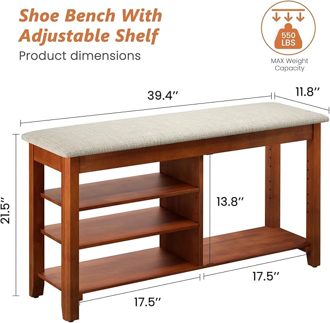 Shoe Rack Bench with Flip-Top Storage, Solid Wood Entryway Bench with Cushion, Adjustable Shelf, Shoe Organizer for Front Door Entrance, Hallway, Living Room, Mudroom (Beige, 39.4" L)