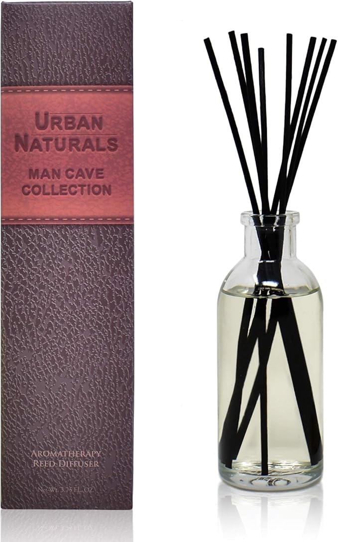 Urban Naturals Leather Mahogany Reed Diffuser Oil Set with Reed Sticks – Masculine Blend of Smoky Bergamot, Leather, Spice, Amber and Wood - Made in The USA