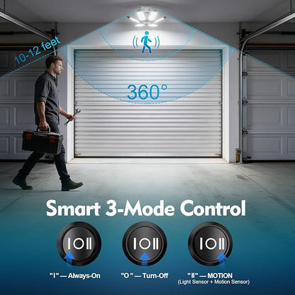 TANBABY 260W Motion Sensor Garage Lights, 30000LM Shop Lights with Remote Control 3 Modes (ON/Off/AUTO), 30/60/120s Timer, E26 Screw-in Deformable 6-Panel 6500K Ceiling Light for Garage Shop (2 Pack)
