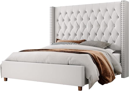 Jocisland Queen Size Bed Frame with 61.4" Tall Headboard, Velvet Upholstered Wingback Platform Design, Handcrafted Pleats& Deep Button Tufted, Solid Wood Legs, No Box Spring Needed, Cream