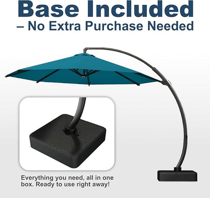 12FT Cantilever Umbrella with Base Large Curvy Outdoor Aluminum Offset Umbrella w/ 360° Rotation, UV Resistant Canopy for Patio, Garden, Backyard, Lake Blue