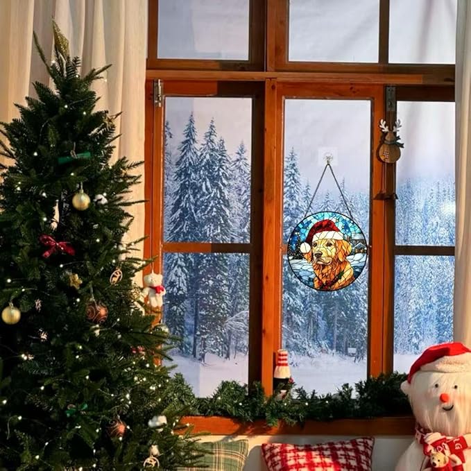 Stained Glass Window Hanging - Christmas Tree and Golden Retriever Suncatcher fof Garden Home Decor for Women Mon Grandma Friends