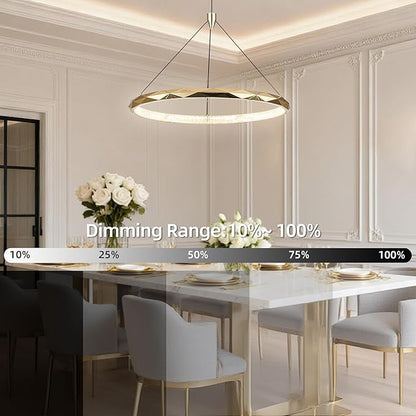 HEYAN Modern Gold Ring Chandelier, 16-Inch Faceted Geometric LED Pendant Light, Dimmable 3-Color Changeable Island Lighting, 25W Luxury Acrylic Crystal-Effect Ceiling Fixture for Dining Room & Kitchen