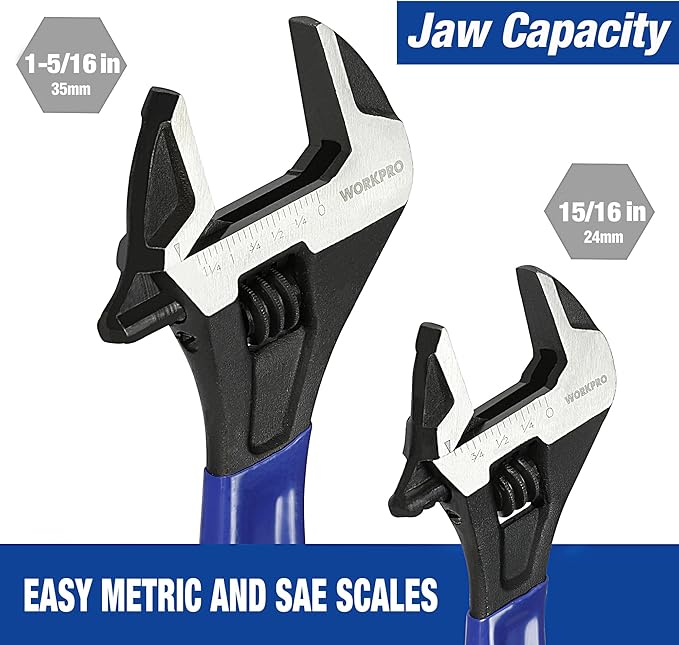WORKPRO 2-Piece Adjustable Wrench Set, 6-Inch & 10-Inch Wide Jaw Black Oxide Wrench, Cr-V Steel, Metric & SAE Scales, Max Jaw Opening 15/16" & 1-5/16", for Home Repairs, Plumbing, Garage Work