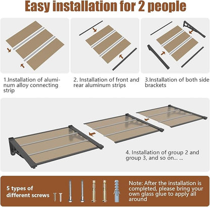 Door Awning Window Canopy, Modular Spliced Awnings for Outside,Porch,Patio,Deck,Polycarbonate Sheet,UV, Rain, and Snow Protection (Brown Board & Black Bracket, 35'’*120'’)