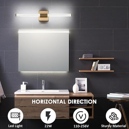 Modern LED Vanity Light, 360° Full Lighting Bathroom Light Fixture Over Mirror, 22W 5500K Cool White, Hardwired Wall Sconce, 23.6 Inch, Brass