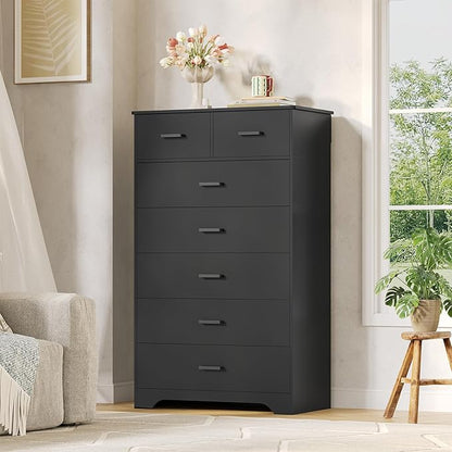 DICTAC Black Dresser for Bedroom with 7 Drawers, 55.7" Tall Dressers Chest of Drawers, Modern Large Wood Storage Dresser Organizer with Metal Handle, Vertical Dressers for Bedroom Living Room Nursery