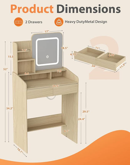 Small Makeup Vanity Desk for Girls with Lighted Mirror, 26.5” W Dressing Table with 2 Drawers and Power Outlet, 3 Light Modes & Adjustable Brightness, Vanity Table for Women Bedroom,Natural
