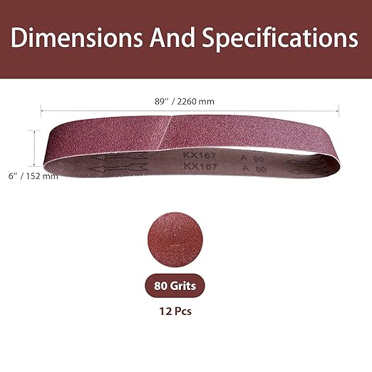 6x89 Inch Sanding Belts, 12Pcs 80 Grit Aluminum Oxide Abrasive Belts Multi-Grit Assortment for Wood & Metal Sanding/Polishing(12, 6x89 In-80Grit)