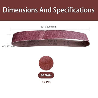 6x89 Inch Sanding Belts, 12Pcs 80 Grit Aluminum Oxide Abrasive Belts Multi-Grit Assortment for Wood & Metal Sanding/Polishing(12, 6x89 In-80Grit)