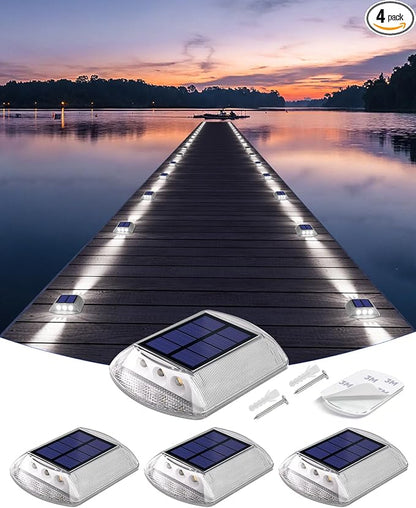 DetarZinLED Deck Lights Solar Powered, 4 Pack White Solar Pathway Driveway Light Outdoor IP68 Waterproof, Stick on & Screw Markers Deck Lights for Dock, Walkway, Sidewalk, Patio, Pool, Garden, Step