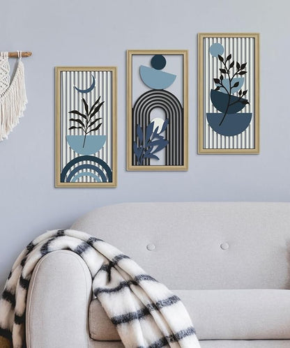 Putuo Decor Boho Abstract Wall Art, Set of 3, Modern Botanical Wooden Wall Decor, Blue Mid-Century Minimalist Framed Artwork for Living Room Bedroom, Office