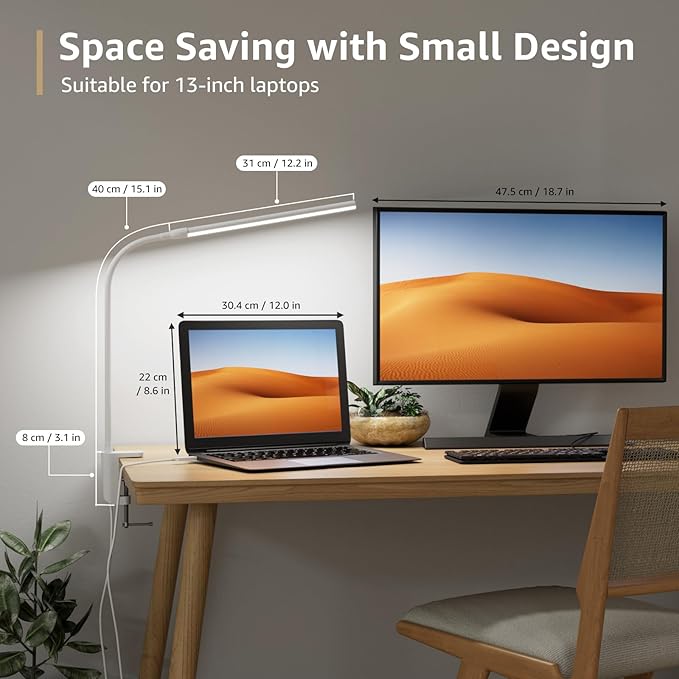 Lepro Small Desk Lamp with Clamp, LED Reading Lamps with 450LM, 3 Color Modes 10 Brightness, Dimmable USB Clip on Desk Light with Gooseneck Swing Arm for Nail, Home Office and Dorm (White)