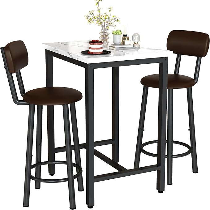 DKLGG Dining Table Set for 2, 24" Square Kitchen Table and Chairs Set with MDF Tabletop & 2 PU Leather Chairs, Bar Pub Dining Set for Small Space Bar Kitchen Living Room Apartment, White