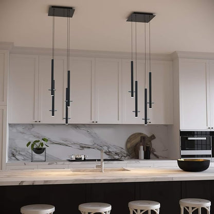 Draco 4 Pendant Lighting Black – LED Hanging Light Fixture for Kitchen Island, Bar, Foyer – Equilateral Cluster of Mini Metal Rod Pipe Tube Cylinders – Dimmable, Adjustable Wire, Lamp Bulb Included