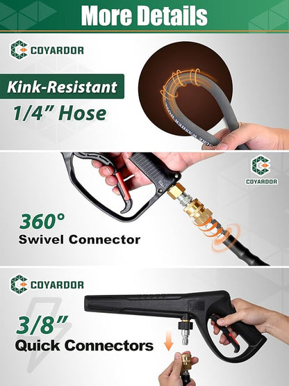 1/4" Pressure Washer Hose 125 FT 4500 PSI, Steel Braided Layer & NonMarking Rubber for Hot/Cold Water High Power Washer Replacement With Quick Connect & M22 Fitting, Industrial-grade