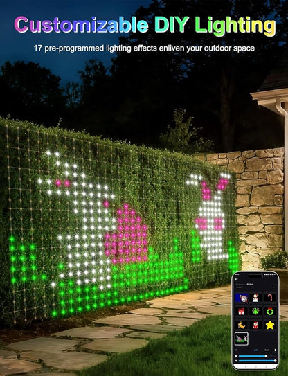 echosari 600 LED Net Lights Outdoor, 3.7 * 9.5ft Smart RGB&IC Net Lights with App/Remote Control, DIY Modes, Waterproof Mesh Light for Patio Bush Decor (Clear Wire)