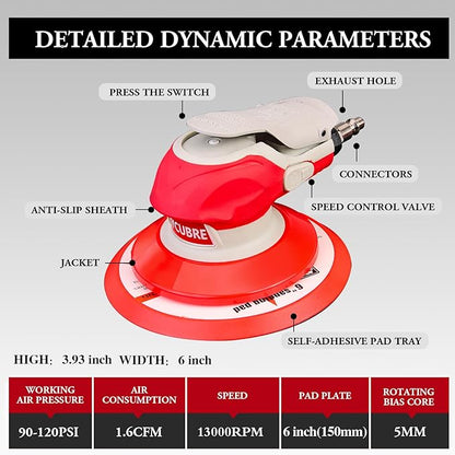 5/6 Inch Pneumatic Orbital Air Sander High-Speed DA Sander for auto body/Ideal for Woodworking, Auto Polishing, and Metal Sanding (6 inch)