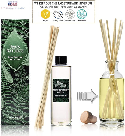 Urban Naturals Reed Diffuser Oil Refill, Black Raspberry Vanilla Oil for Diffuser with Orchid, Amber, Sandalwood, 4 oz + Free Reed Sticks, Made in the USA
