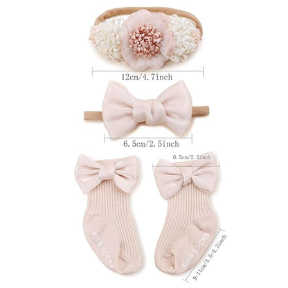 cherrboll Baby Girl Headbands and Socks Set, 3Pcs Soft Floral Hairbands Hair Bows Knit Socks for Newborn Infants Toddlers Photography Props Gifts