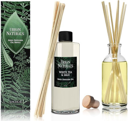 Urban Naturals Reed Diffuser Oil Refill White Tea Sage with Bergamot, Soft Herbal Notes 8 oz + Free Reed Sticks, Made in the USA