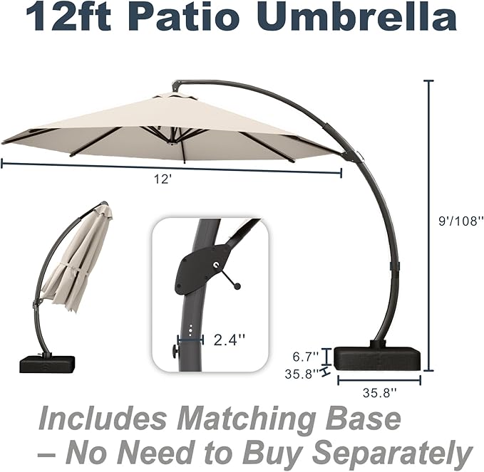 12FT Cantilever Umbrella with Base Large Curvy Outdoor Aluminum Offset Umbrella w/ 360° Rotation, UV Resistant Canopy for Patio, Garden, Backyard, Beige