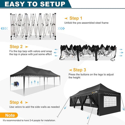 HOTEEL Party Tent 10x30 Pop Up Canopy with 8 Sidewalls, Waterproof UPF50+ for Backyard and Events, Easy Setup with Wheeled Bag & 4 Weight Bags, Extra Height, Black