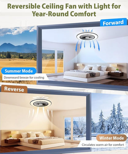 2-in-1 Low Profile Ceiling Fan with Light, 24” Caged Safety Design for Kids - RGB Color, Smart APP/Remote Control, Quiet Flush Mount DC Motor, Ideal for Bedroom/Living Room/Kitchen, Black