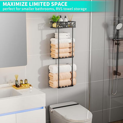 HapiRm Towel Rack Bathroom Storage - 3 Tier Over The Door & Wall Mounted Rolled Towel Racks Holder Organizer with Metal Shelf and 6 Hooks for Small Bathroom, Camper, Rv - Black (for 1.77 in Doors)